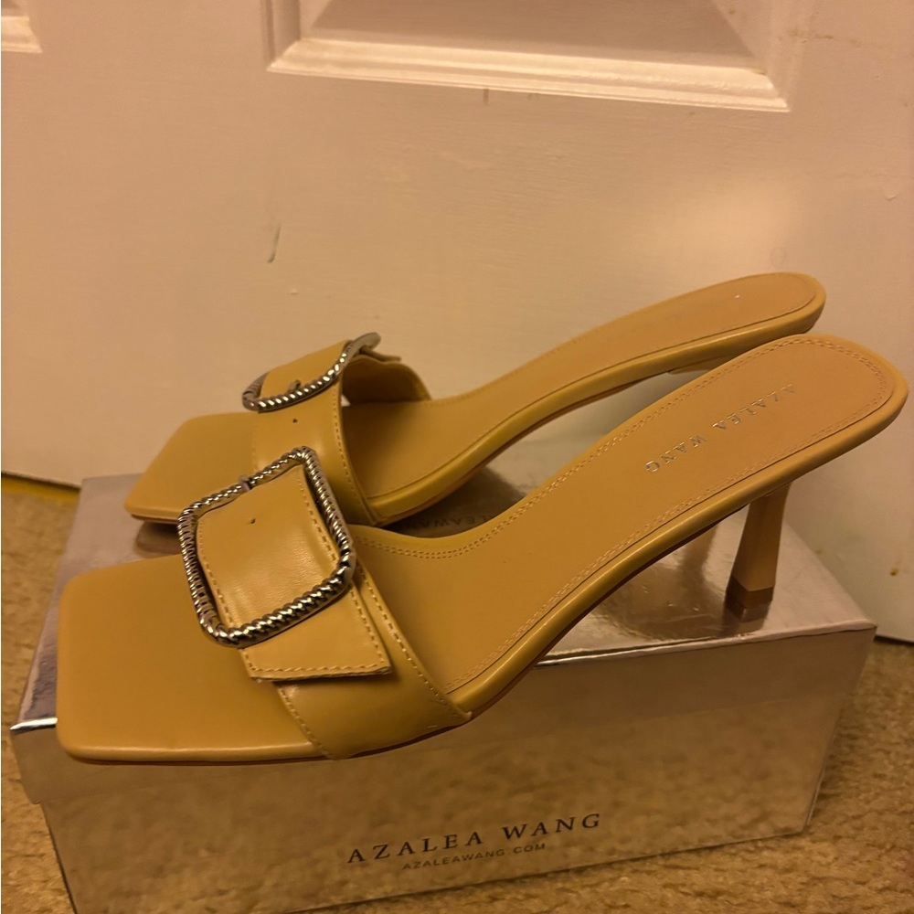 Azalea Wang Tan Mid-Heel Slide with Decorative Buckle